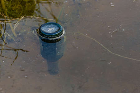 Bottle of beer suspended in the frozen water of a ditch