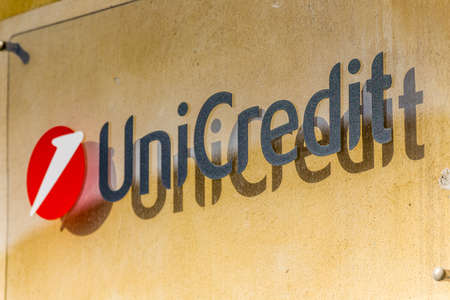 LUGO (RA) - FEBRUARY 15, 2018: Unicredit bank branch sign. Unicredit supports 25 million clients in 18 countries and is the second largest group in Italy.のeditorial素材