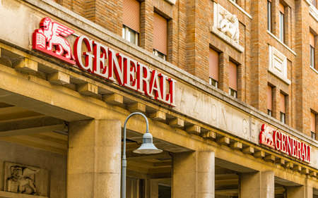 RAVENNA, ITALY - FEBRUARY 15, 2018: Generali logo on agency: the Italian insurance company, third largest in the world, denies payment of Life Insurance to Jewish Holocaust Victimsのeditorial素材
