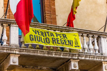 RAVENNA, ITALY - FEBRUARY 15, 2018: The town hall of Ravenna shows the banner to ask the truth about the murder of the Italian student Giulio Regeni in Egyptのeditorial素材