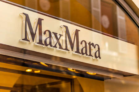 RAVENNA, ITALY - FEBRUARY 15, 2018: MAXMARA logo sign. Italian fashion business MAXMARA is selling products in 90 countriesのeditorial素材