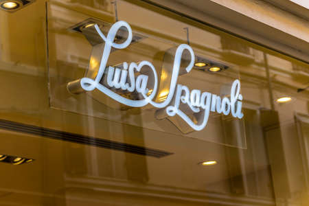RAVENNA, ITALY - FEBRUARY 15, 2018: Luisa Spagnoli logo sign of street shop. Luisa Spagnoli closed the 2017 with a turnover of 132 million euros, up 2.3 per cent compared to 129 million of 2016のeditorial素材