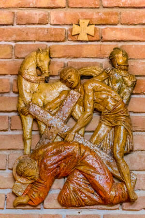 LUGO (RA) - FEBRUARY 21, 2018: Jesus falls for the first time in the third station of the Via Crucisのeditorial素材