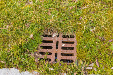 steel grating for drainage water on green grass backgroundの写真素材