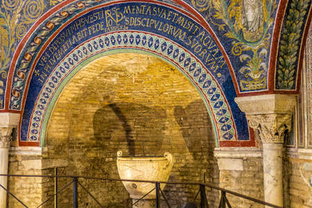 RAVENNA, ITALY - FEBRUARY 25, 2018: In 2017 more than 3 million tourists visited the art cities of Emilia Romagna to enjoy UNESCO attractions like the mosaics of the Neonian Baptistery in Ravennaのeditorial素材