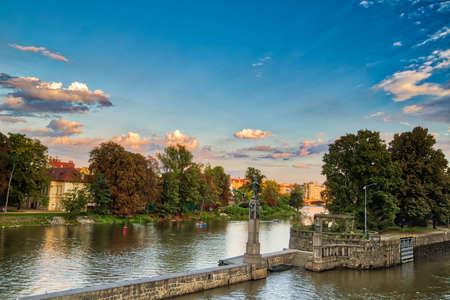 dancing house and ancient buildings of Prague on Vltava riverのeditorial素材