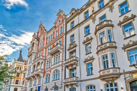 PRAGUE, CZECH REPUBLIC - AUGUST 27, 2018: sun lights ancient buildings in the historical center of Pragueのeditorial素材