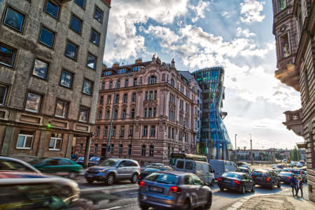 PRAGUE, CZECH REPUBLIC - AUGUST 27, 2014: the Sun lights the Dancing House in Pragueのeditorial素材
