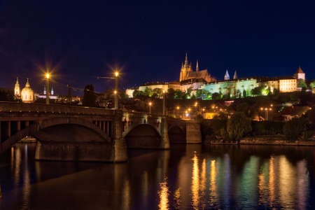 night view of Saint Vitus Cathedral in Prague from Vltava riverのeditorial素材