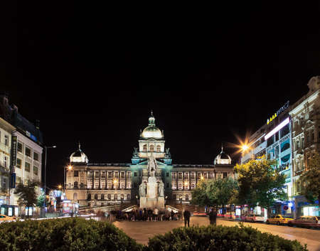 PRAGUE, CZECH REPUBLIC - AUGUST 27, 2014:  locals and tourists walk in Wenceslas Square in Prague at nightのeditorial素材