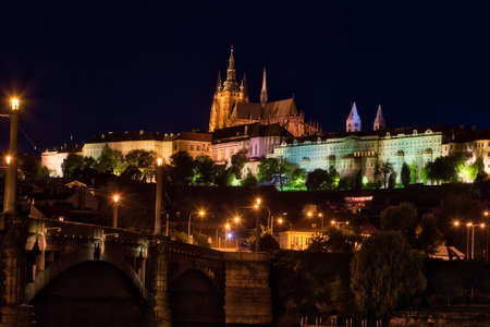 night view of Saint Vitus Cathedral in Prague from Vltava riverのeditorial素材
