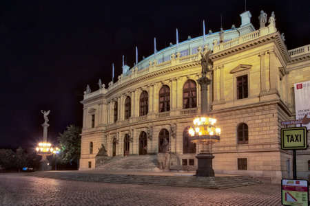 PRAGUE, CZECH REPUBLIC - AUGUST 27, 2014: street lamps light Rudolfinum concert hall, venue of the permanent showcase Prague Spring International Music Festivalのeditorial素材