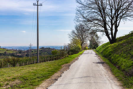 man hiking on country road in Italyの写真素材