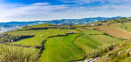 panorama of agricultural fields in spring countryside of Italyの写真素材