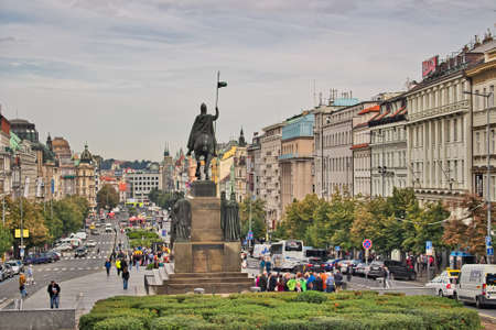 PRAGUE, CZECH REPUBLIC - AUGUST 29, 2014: local and tourists walk in Wenceslas Square in Pragueのeditorial素材