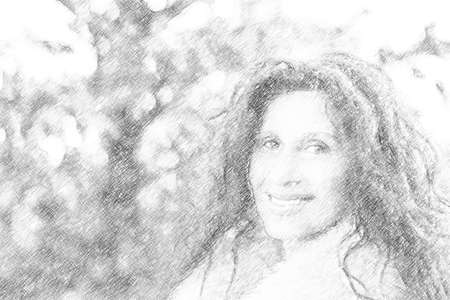 illustration of a smiling mature woman with slight strabismus of Venus wearing fur collar and...