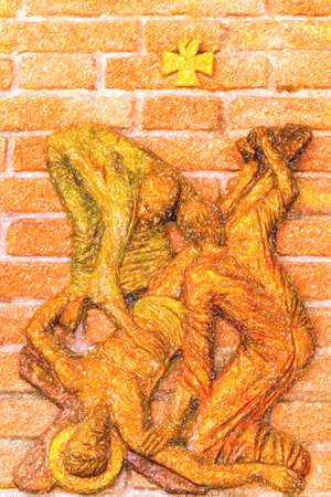 Illustration of Jesus nailed to the Cross in the eleventh station of the Via Crucisの写真素材