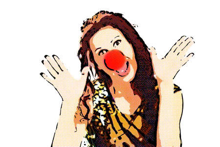 illustration of classy mature woman wearing a red clown nose and spreading her hands