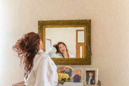 illustration of mature menopausal woman touching her hair in the mirrorの写真素材