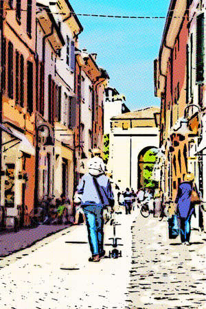 illustration of Little baby astride on the shoulders of dad walking through the historic center of...
