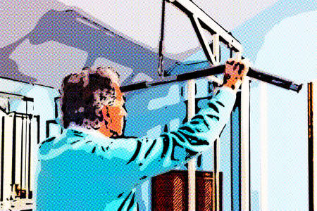 illusion of elderly man in sweater shot from behind as he prepares to do exercises at a gym machine...