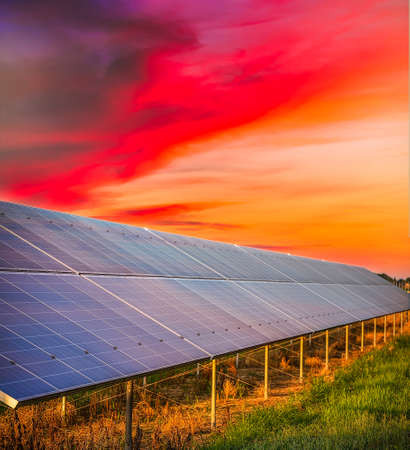 red sunset on photovoltaic panels