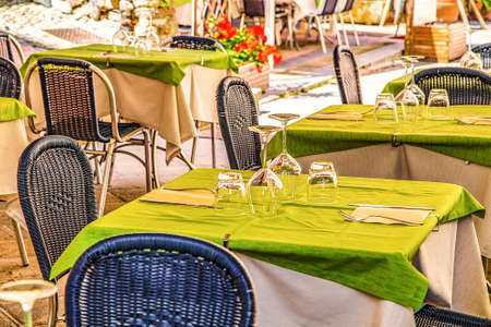 colorful tables in Italian restaurantの写真素材