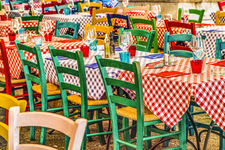 colorful tables in Italian restaurantの写真素材