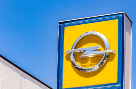 FAENZA (RA), ITALY - JUNE 23, 2018: Dirt and dust cover the OPEL logo on dealer signboardのeditorial素材