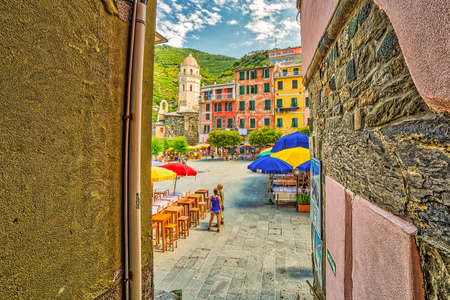 VERNAZZA (SP), ITALY - JUNE 18, 2018: tourists are walking in the center of Vernazzaのeditorial素材