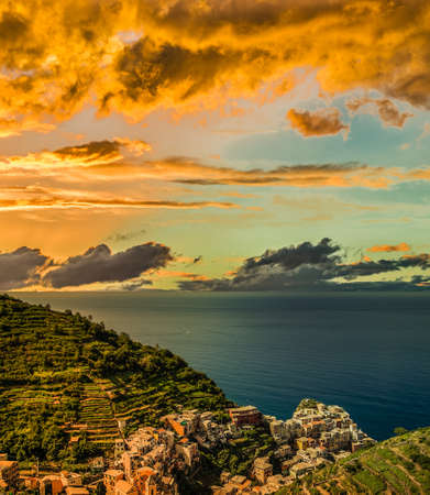 sunrise on colorful fishing houses in Italian sea town