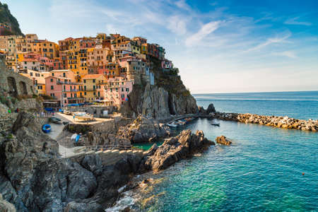 colorful fishing houses in Italian sea townの写真素材