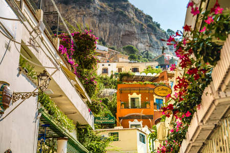 Positano (SA), ITALY - AUGUST 30, 2018: flowers are decorating typical houses of Positanoのeditorial素材