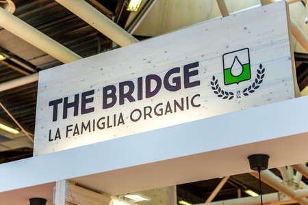 BOLOGNA (ITALY), SEPTEMBER 10, 2018: light enlightening board with logo of THE BRIDGE at SANA,...