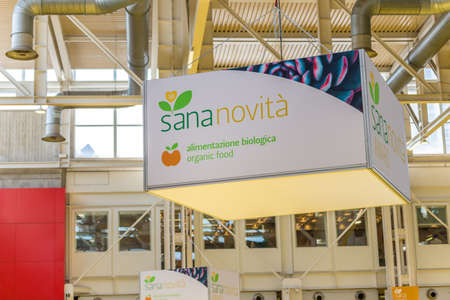 BOLOGNA (ITALY), SEPTEMBER 10, 2018: light enlightening board with logo of SANAnovita' at SANA, international exhibition of organic and natural productsのeditorial素材