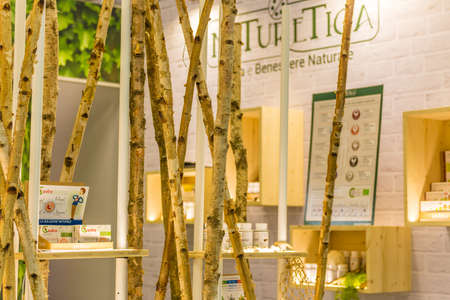 BOLOGNA (ITALY), SEPTEMBER 10, 2018: lights enlightening products at SANA, international exhibition of organic and natural productsのeditorial素材