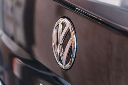 LUGO, ITALY - September 11, 2018: light enlightening Volkswagen logo on a car bodyのeditorial素材