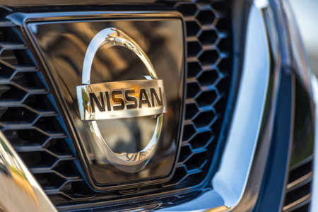 LUGO, ITALY - September 11, 2018: light enlightening NISSAN logo on a car bodyのeditorial素材