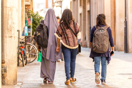 RAVENNA, ITALY - SEPTEMBER 12, 2018: tourists walking in historical center of Ravennaのeditorial素材