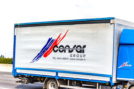 FAENZA (RA), SEPTEMBER 15, 2018: The truck with the CONSAR GROUP logo moves quickly on the highway