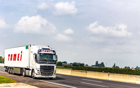 FAENZA (RA), SEPTEMBER 15, 2018: The truck with the TOMEI  logo moves quickly on the highway