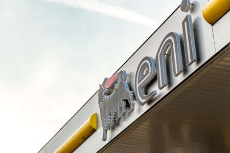 CERVIA (RA), ITALY - SEPTEMBER 16, 2018: sunlight enlightening ENI logo on storefront of Service Stationのeditorial素材