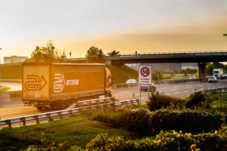 FAENZA (RA), ITALY - SEPTEMBER 20, 2018: truck with ARCESE logo running on highwayのeditorial素材