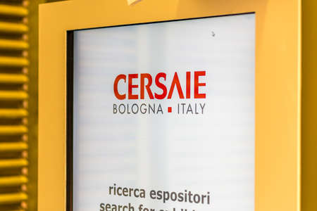 BOLOGNA (ITALY), SEPTEMBER 26, 2018: light is enlightening CERSAIE logo on kiosk stand at international exhibition of ceramic tile and bathroom furnishingsのeditorial素材