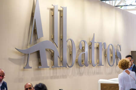 BOLOGNA (ITALY), SEPTEMBER 26, 2018: light is enlightening  ALBATROS logo at CERSAIE, international exhibition of ceramic tile and bathroom furnishingsのeditorial素材