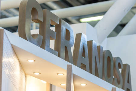 BOLOGNA (ITALY), SEPTEMBER 26, 2018: light is enlightening CERANOSA logo at CERSAIE, international exhibition of ceramic tile and bathroom furnishingsのeditorial素材