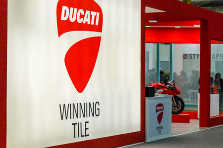 BOLOGNA (ITALY), SEPTEMBER 26, 2018: light is enlightening DUCATI logo at CERSAIE, international...