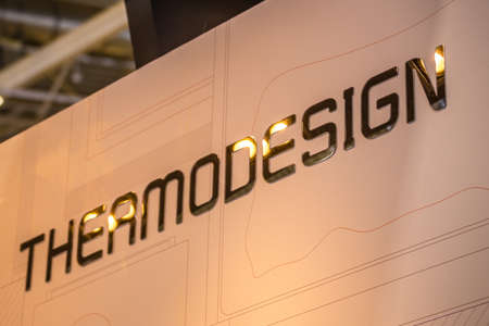 BOLOGNA (ITALY), SEPTEMBER 28, 2018: light is enlightening THERMODESIGN logo at CERSAIE, international exhibition of ceramic tile and bathroom furnishingsのeditorial素材