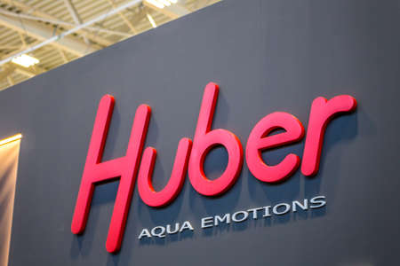 BOLOGNA (ITALY), SEPTEMBER 28, 2018: light is enlightening HUBER AQUA EMOTIONS logo at CERSAIE,...