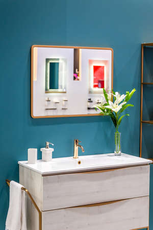 golden faucet and sink on vanity topのeditorial素材